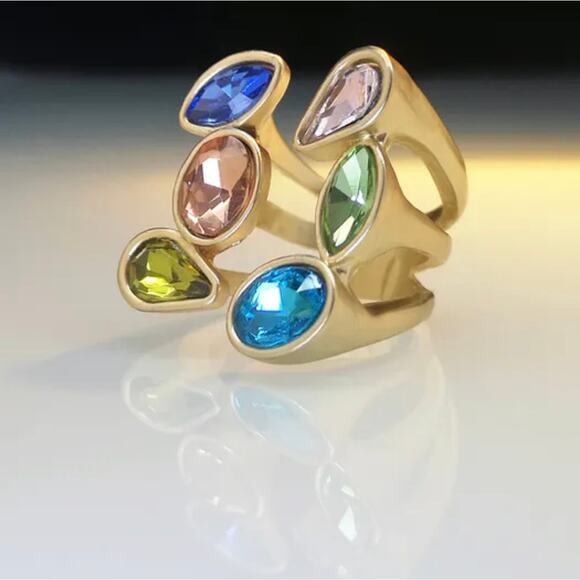 Gold Statement Ring with Multi-Color Crystal Gemstones – Adjustable Cocktail NWT - Picture 1 of 6